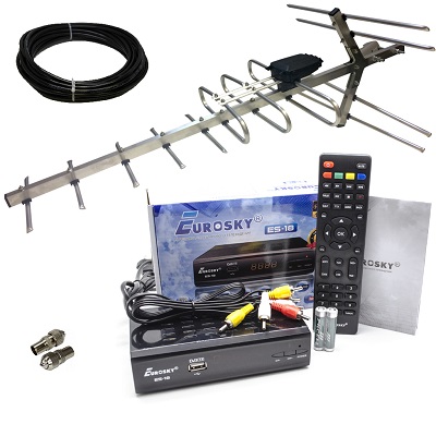Eurosky ES-18 цифровая тв приставка с активной антенной МИР SPECTR 12 A2 (DVB-T2) кабель 10 м